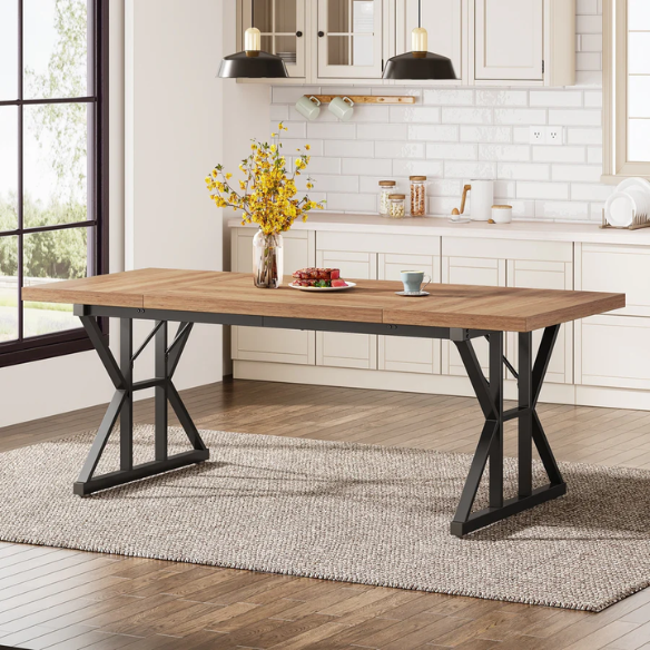 Farmhouse Dining Table for 6-8 People – Rectangular Wood Kitchen Table with X-Shaped Accents, Spacious & Multifunctional for Dining, Office, or Gathering