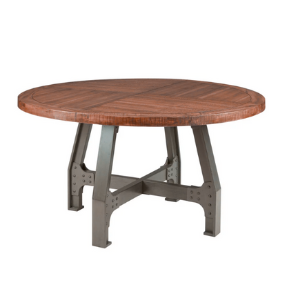 Round Dining/Gathering Table - Amber & Graphite, Solid Wood Planks with Industrial-Inspired Design, Adjustable Height for Family Gatherings