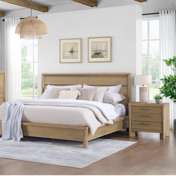 Sand Dune Queen Bedroom Set – Coastal-Inspired Panel Bed, Dresser, 2 Nightstands, and Chest with Rustic Charm