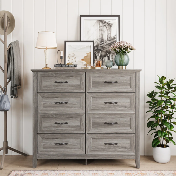 French Country-Inspired 8-Drawer 47.3" Double Dresser with Rustic Finish, Crown Molding, and Tapered Legs