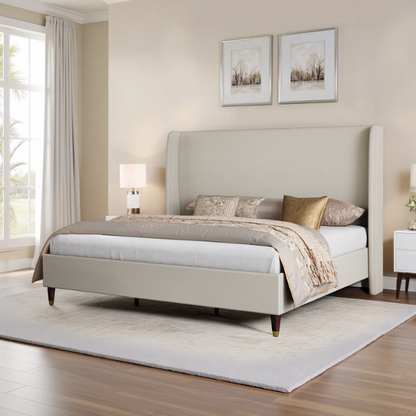 Queen Size Sleek and Minimalist Upholstered Platform Bed with Soft Linen Fabric – Elegant and Modern Design