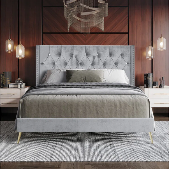 Luxurious King Size Upholstered Wingback Bed with Velvet Upholstery – Elegant Diamond Tufting, Nailhead Trim, Gold-Finished Feet, and Foam-Padded Headboard for Ultimate Comfort and Style