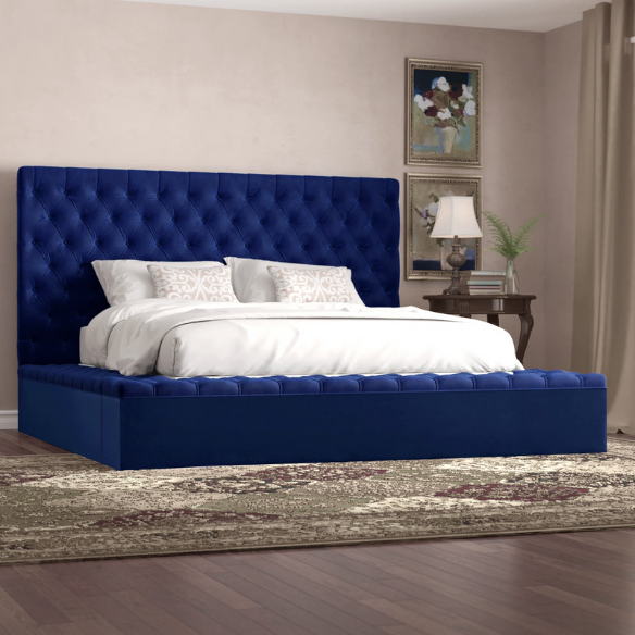 Elegant Velvet Upholstered King Size Platform Storage Bed with Tufted Headboard and Slats