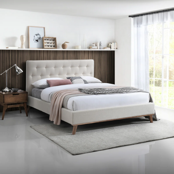 Modern Upholstered Platform Bed with Button Tufting and Eucalyptus Wood Frame – King Size