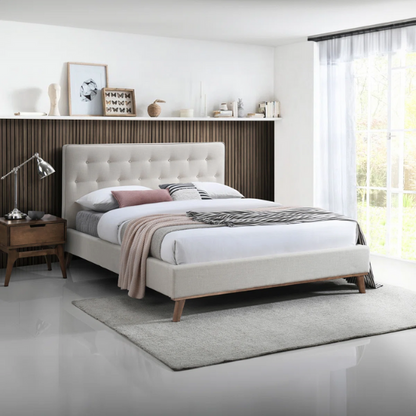 Modern Upholstered Platform Bed with Button Tufting and Eucalyptus Wood Frame – King Size