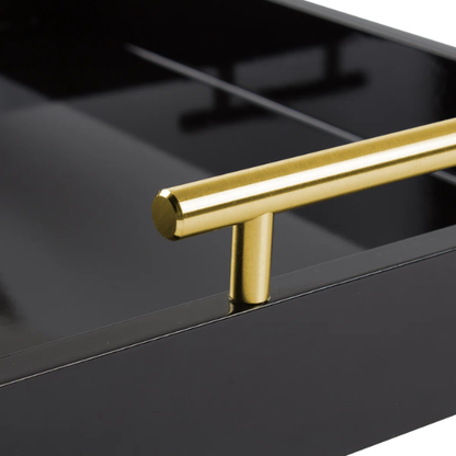 Sleek and Sophisticated Long Rectangular Serving Tray – High Gloss Wood with Polished Metal Handles, Perfect for Entryway, Vanity, or Coffee Table