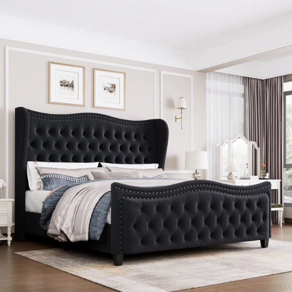 Gem-Tufted Queen Size Upholstered Wingback Bed with Curved Design