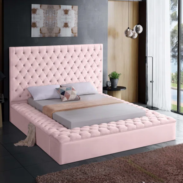 Elegant Velvet Upholstered King Size Platform Storage Bed with Tufted Headboard and Slats