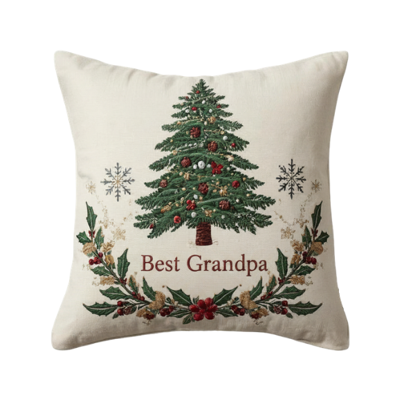Off-White Rectangular Throw Pillow with 'Best Grandpa' Christmas Design