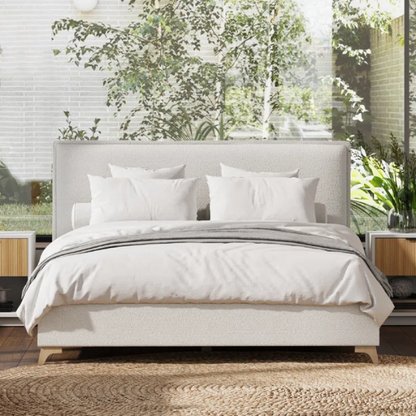 Luxurious King Size Flange-Edge Bouclé Bed Frame with Padded Headboard – Soft, Textured Fabric, Solid Wood Support