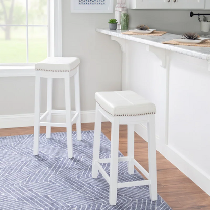 Backless Upholstered Counter Stool – Sturdy Wood Frame, Faux Leather Seat with Nailhead Trim & Double-Needle Stitching for Stylish and Durable Seating
