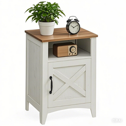 Farmhouse Nightstand with Cabinet & Open Compartment – Rustic Bedside Table, Distressed Finish, Barn Door Style, Matte Black Metal Handles, Flared Legs, Versatile Storage for Bedroom or Living Room