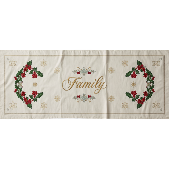 Cream White Family Holly & Berry Embroidered Table Runner