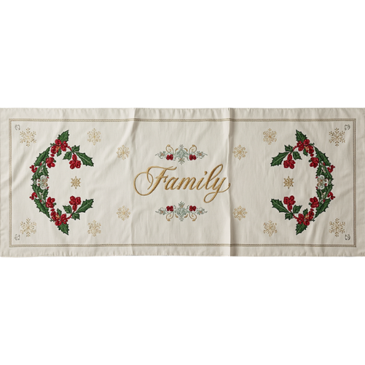 Cream White Family Holly & Berry Embroidered Table Runner