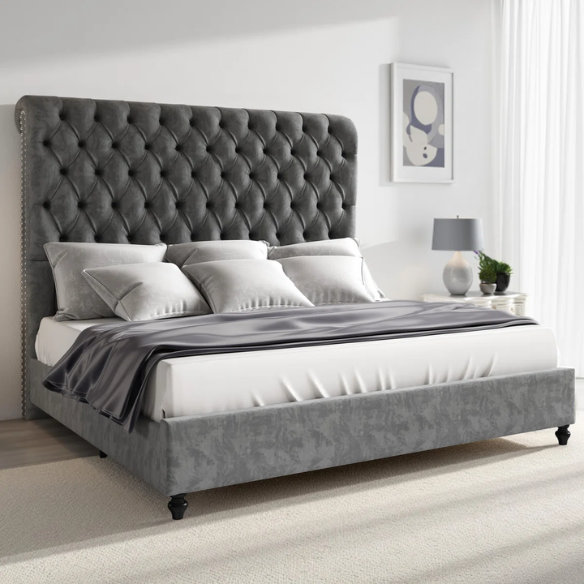Luxurious Velvet Upholstered Sleigh Bed with Tufted Button and Gem-Accented Headboard
