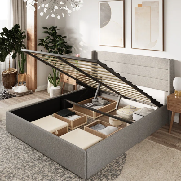 Luxurious Linen Upholstered Hydraulic Lift-Up Storage Platform Bed – Full/Double Size with Sleek Design & Maximized Space