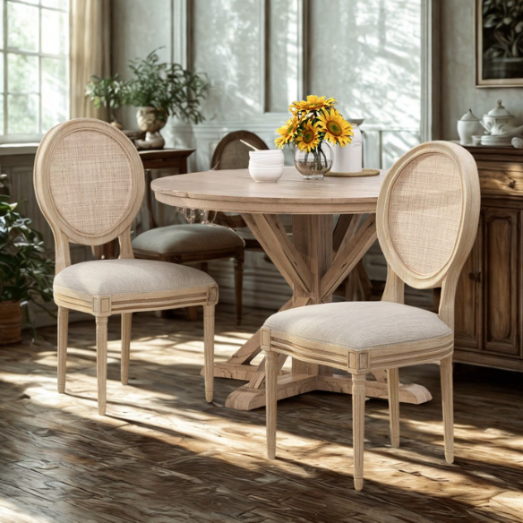 Beige Upholstered Dining Chairs with Natural Wood Frame and Wicker Backrest (Set of 2)