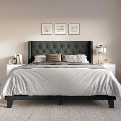 Elegant King Size Upholstered Wingback Bed with Button-Tufted Headboard – Foam-Padded for Ultimate Comfort and Support