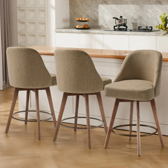 Modern Counter Height Swivel Bar Stool – Upholstered Faux Leather/Polyester Blend Seat, Solid Beech Wood Frame, Ergonomic High Back, Bronze Metal Footrest, 300lb Capacity for Kitchen, Bar, or Pub