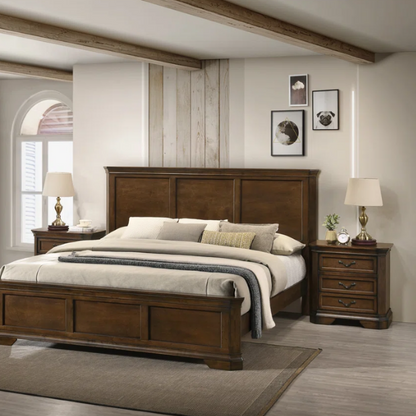 Classic Traditional Wood Queen Panel Bed with Dresser, Mirror, and Two Nightstands in Antique Walnut Finish