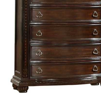 Classic Elegance 5-Piece Queen Bedroom Set in Dark Walnut with Button-Tufted Headboard, Marble-Topped Nightstand, 11-Drawer Dresser, Beveled Mirror, and Storage Chest
