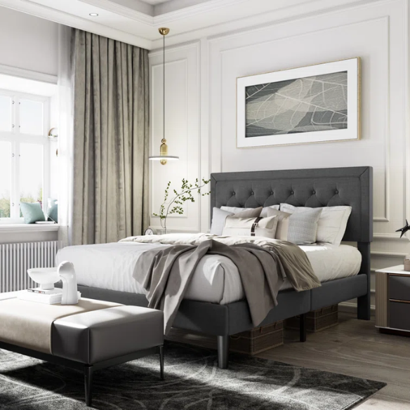 Tufted Upholstered Platform Bed – Full/Double Size with Linen Fabric, Elegant Design for Comfortable Bedrooms