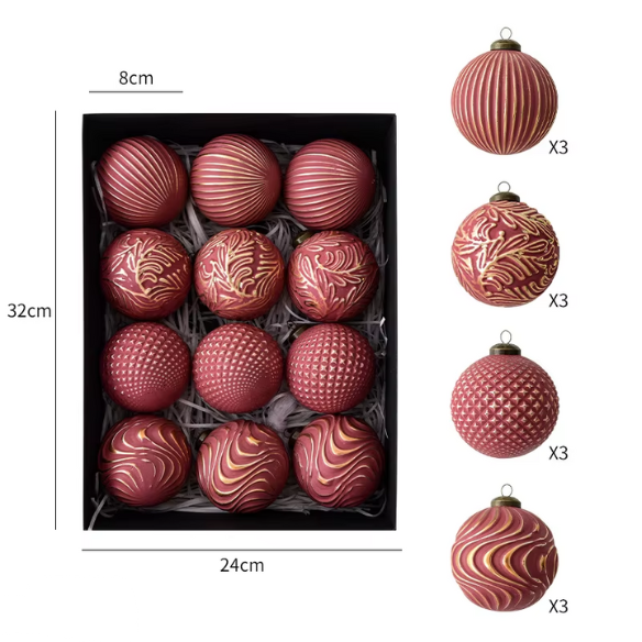 Red & Gold Embossed Christmas Ornaments – Elegant Holiday Bauble Set (12 Pieces)