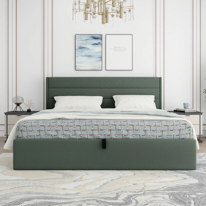 Elegant Hydraulic Lift Upholstered Storage Bed with Wingback Headboard, Linen Fabric, Button-Tufted Detailing, and Ample Under-Bed Storage for Bedding and Seasonal Items