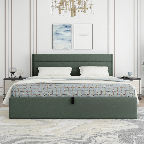 Elegant Hydraulic Lift Upholstered Storage Bed with Wingback Headboard, Linen Fabric, Button-Tufted Detailing, and Ample Under-Bed Storage for Bedding and Seasonal Items