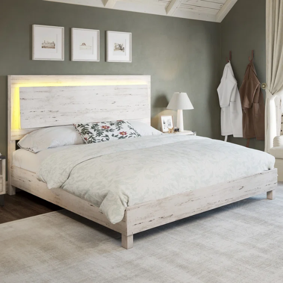 Modern King Size Wood Bed Frame with LED-Integrated Headboard & Adjustable Features for Ultimate Comfort