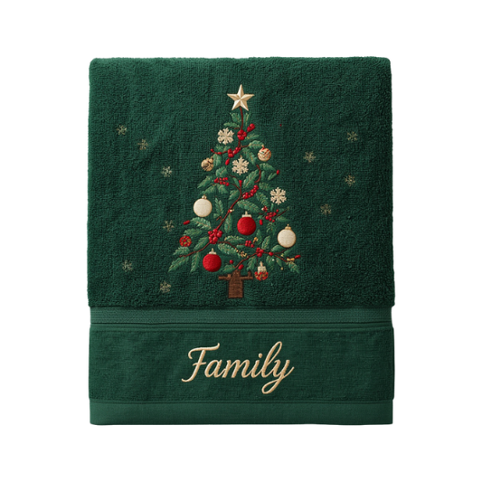 Dark Green Christmas Family Hand Towel with Embroidered Tree