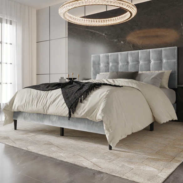 Luxurious Upholstered King Size Platform Bed with Tufted Velvet Headboard and Modern Tapered Legs – A Sophisticated Addition to Any Bedroom