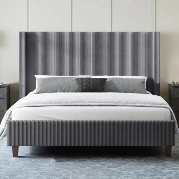 Modern King Size Corduroy Upholstered Bed with Wingback Design – Solid Wood and Metal Frame with Tapered Legs and Extra Cushioned Comfort