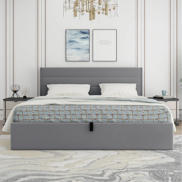 Elegant Hydraulic Lift Upholstered Storage Bed with Wingback Headboard, Velvet Fabric, Button-Tufted Detailing, and Ample Under-Bed Storage for Bedding and Seasonal Items