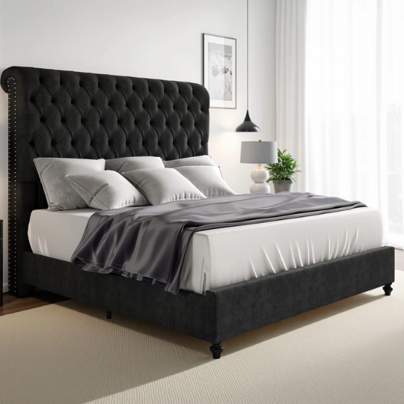 Luxurious Velvet Upholstered Sleigh Bed with Tufted Button and Gem-Accented Headboard