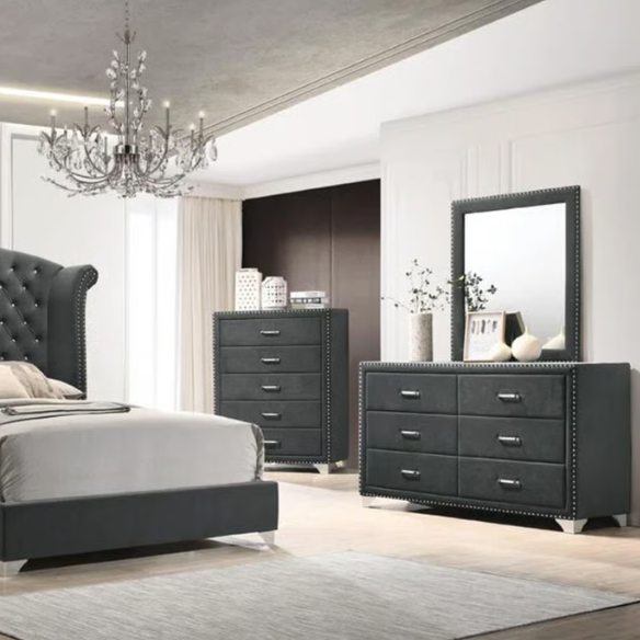 Luxurious 5-Piece Tufted Upholstered Bedroom Set with Wingback Headboard, Nailhead Trim, Velvet Fabric, Dresser, Chest, Nightstand, and Mirror for a Grand and Elegant Sleep Sanctuary