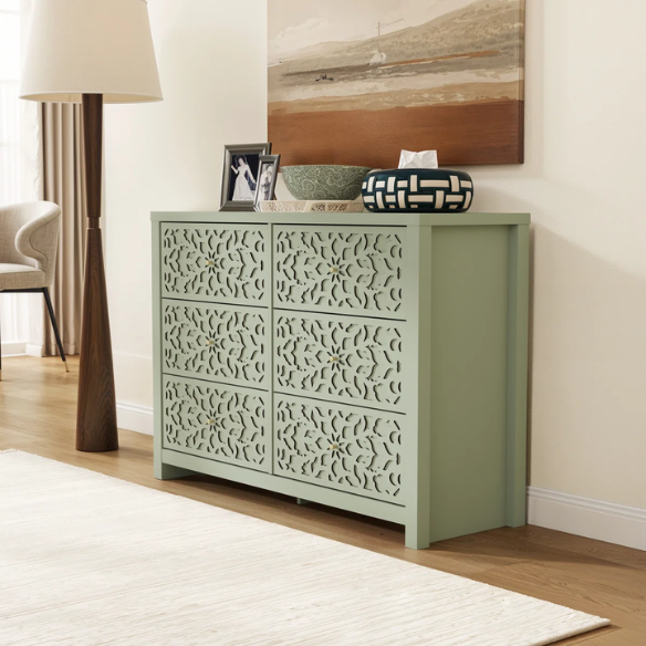 Boho-Inspired 45.4" 6-Drawer Dresser with Distressed Finish and Openwork Floral Details