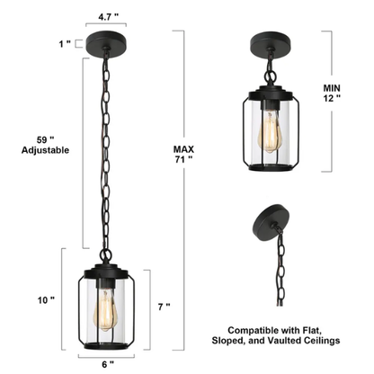 Black Outdoor Hanging Lantern Pendant Light – Weather-Resistant, Adjustable Height Pendant for Porch, Hallway, Front Door, and Entryway (D6" x H70")