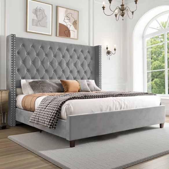 Queen Size Upholstered Velvet Bed – The Epitome of Luxury and Comfort with Majestic 61.4-Inch Extra-High Headboard