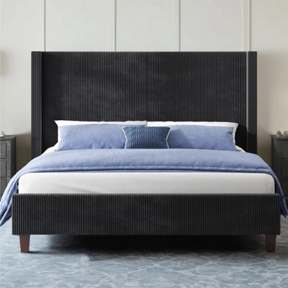Modern King Size Corduroy Upholstered Bed with Wingback Design – Solid Wood and Metal Frame with Tapered Legs and Extra Cushioned Comfort