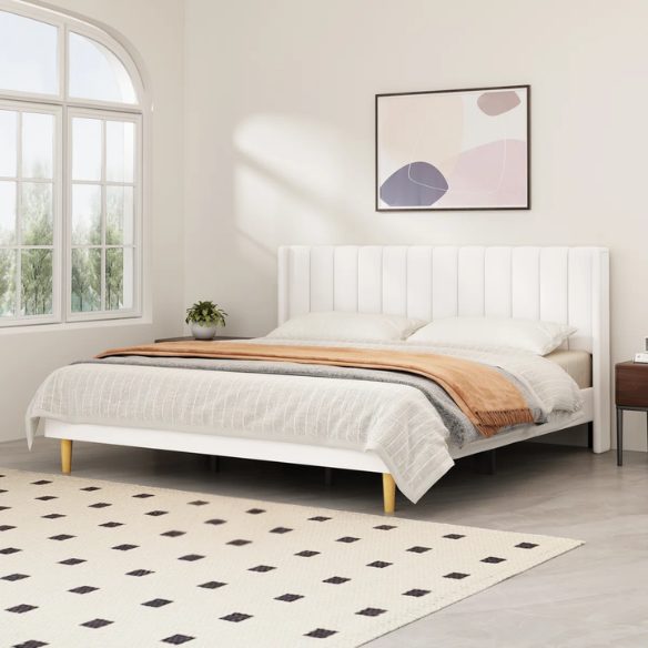 Luxury Corduroy Upholstered King Size Platform Bed Frame - Stylish Modern Wingback Design with Ultimate Comfort
