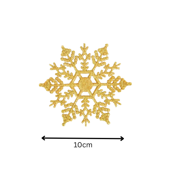 Gold Glitter Snowflake Christmas Ornaments – Whimsical Holiday Décor Set (12 Pieces)