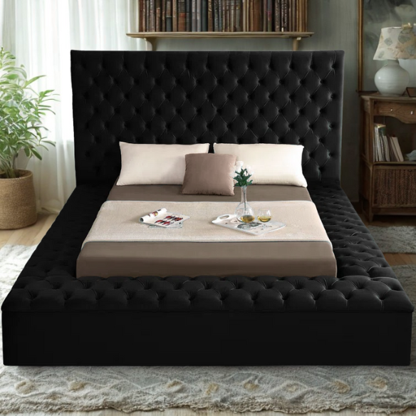 Elegant Velvet Upholstered King Size Platform Storage Bed with Tufted Headboard and Slats
