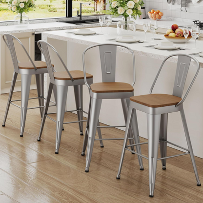 Set of 4 Farmhouse Counter Height Bar Stools – Rustic Industrial Style with Removable Backrest, Heavy-Duty Steel Frame, and Scratch-Resistant Finish