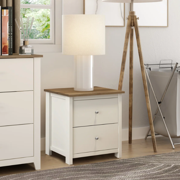 2-Drawer Nightstand – Neutral Engineered Wood, Streamlined Rectangular Design, Four Block Legs, Convenient Storage with Roller-Glide Drawers & Metal Knobs, Perfect for Traditional & Contemporary Bedroom