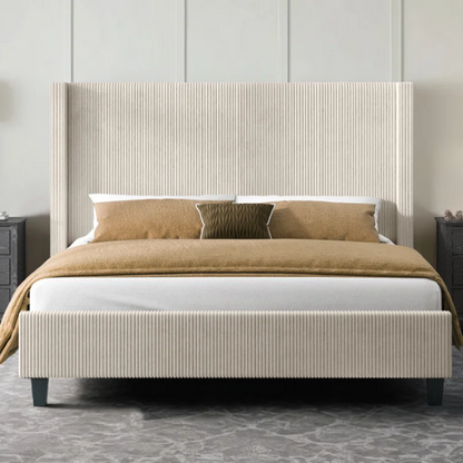 Modern King Size Corduroy Upholstered Bed with Wingback Design – Solid Wood and Metal Frame with Tapered Legs and Extra Cushioned Comfort