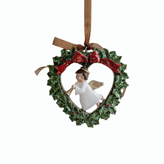 Angel with Wreath Christmas Ornament – Heart-Shaped Holiday Décor with Red Bow and Glitter Finish