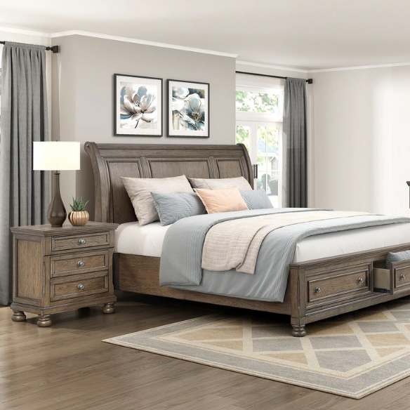 Transitional Brown 3-Piece Queen Bedroom Set – LED Light Bed with Industrial Accents and Rustic Birch Veneer, Featuring 2 Nightstands