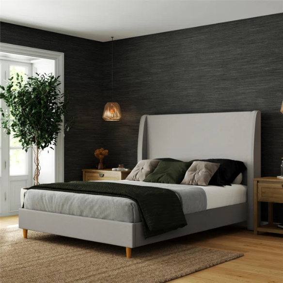 Luxurious Queen Size Upholstered Wingback Bed in Soft Linen Fabric