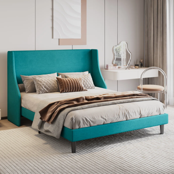 Modern Queen Size Upholstered Platform Bed with Deluxe Wingback and Linen Blend Fabric